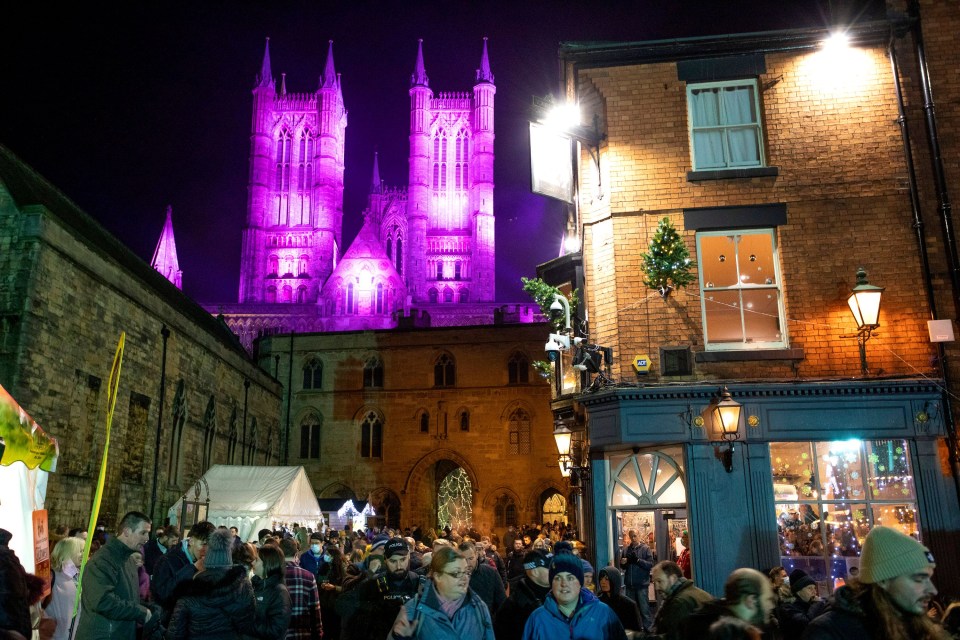 Lincoln Cathedral is floodlit to celebrate the Christmas market