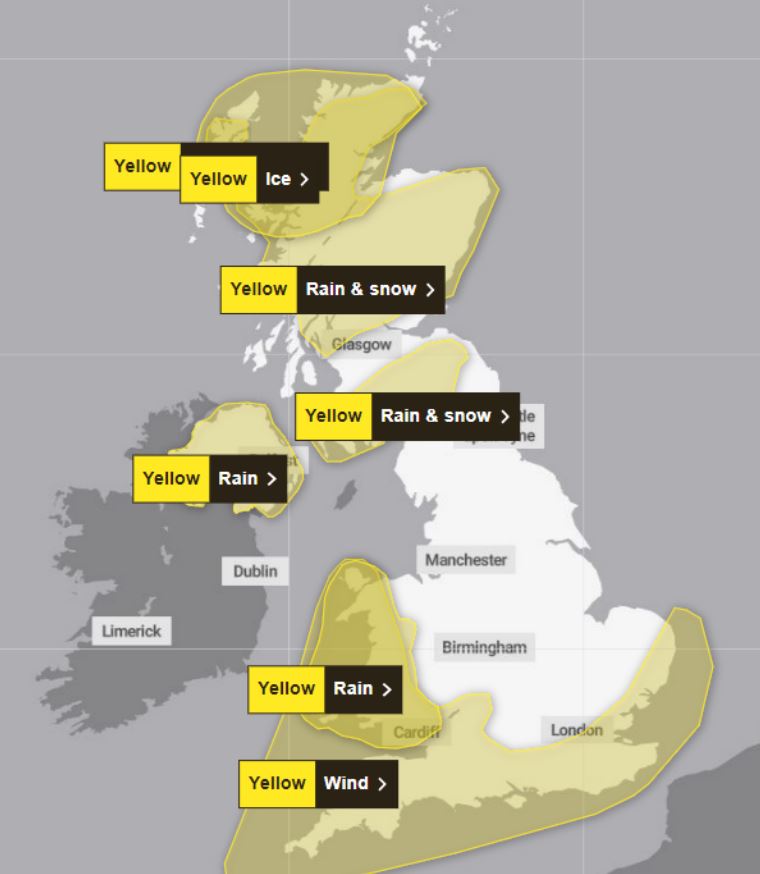 The Met Office has issued seven yellow weather warnings covering large parts of the UK today