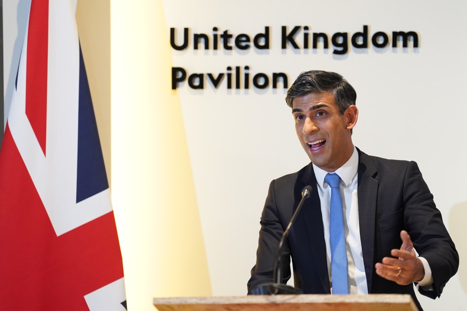 Prime Minister Rishi Sunak speaking to the media during a press conference at the Cop28 summit