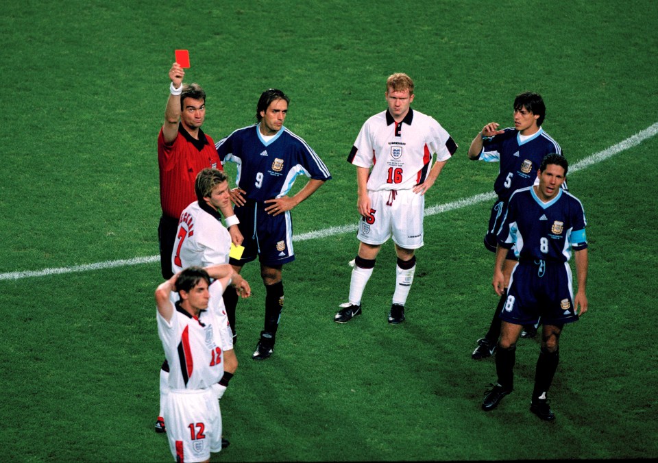 David Beckham was sent off against Argentina for kicking Diego Simeone