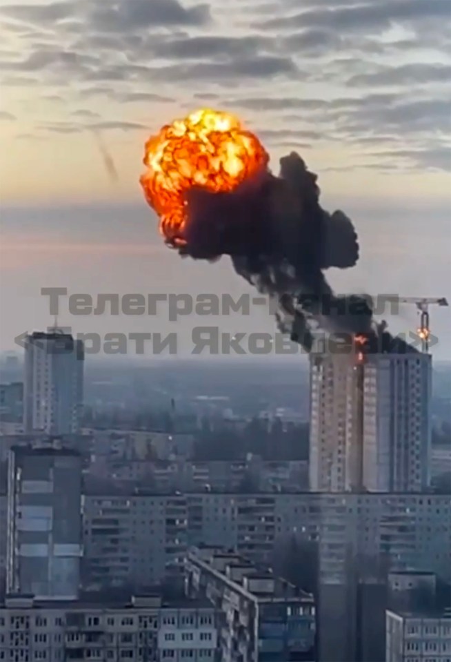 A massive fireball can be seen after a missile strike in Kyiv