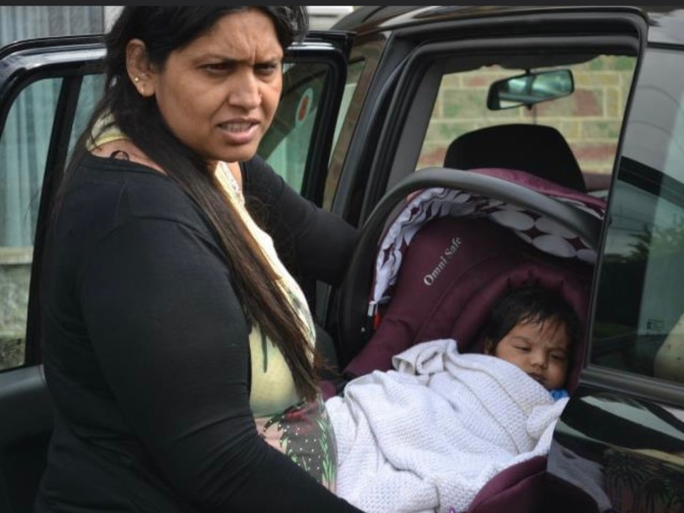 Seema pictured taking her son Jairaj home from hospital after giving birth