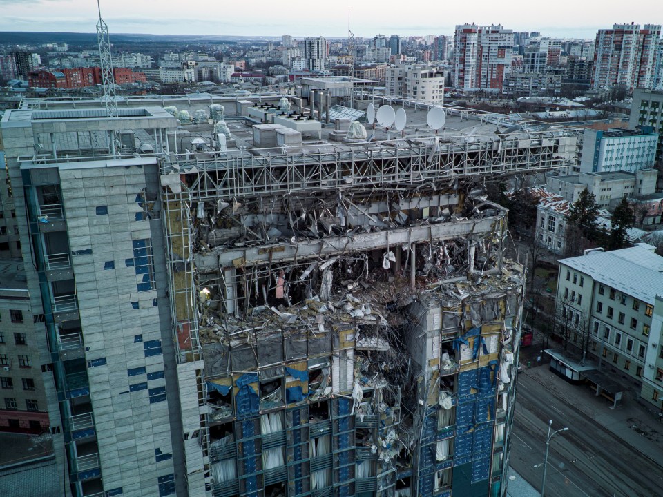 A view shows the Kharkiv Palace Hotel heavily damaged by a Russian missile strike