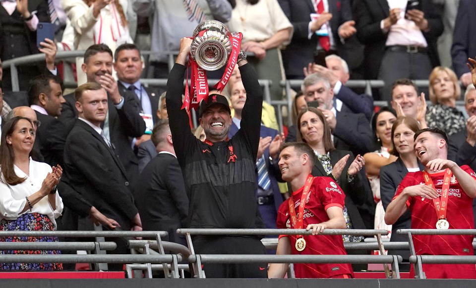 Jurgen Klopp celebrating after winning the FA Cup final at Wembley Stadium on May 14, 2022