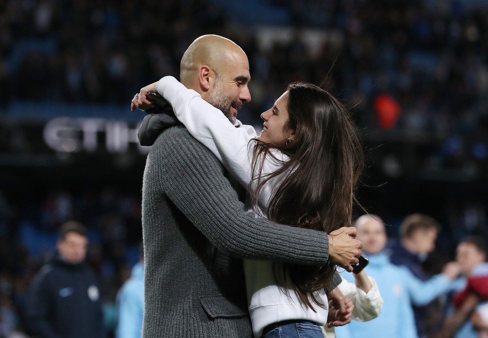 Pep Guardiola and daughter Maria embracing during the Premier League fixture between Manchester City and Leicester City in May 2019