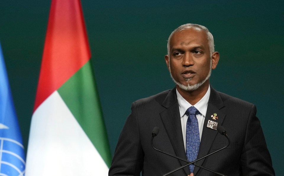 Maldives President Mohamed Muizzu speaking during the COP28 UN Climate Summit on December 1, 2023 in Dubai, United Arab Emirates