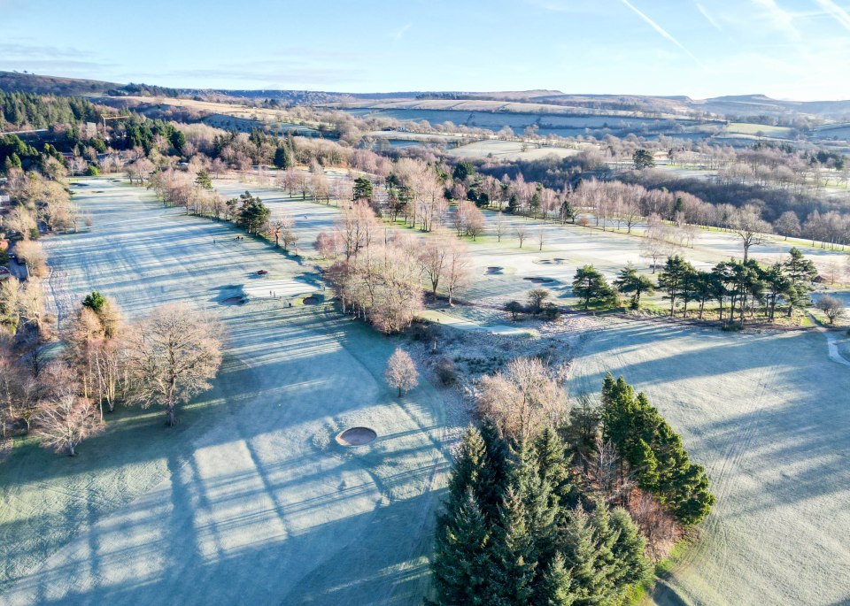 A frozen golf course in Bamford in the Peak District today as temperatures dropped below freezing