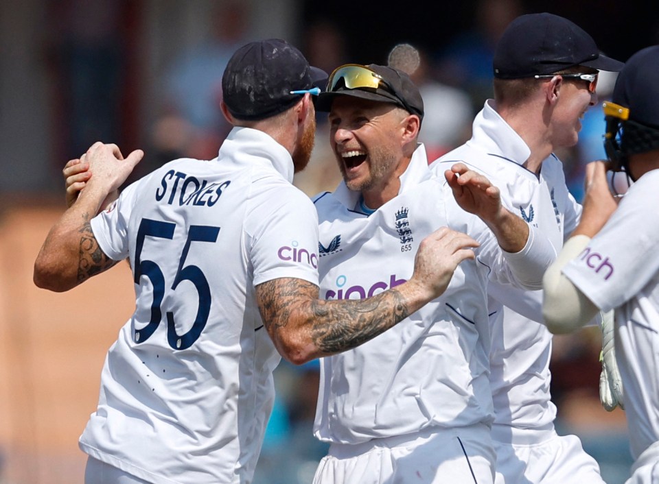 Joe Root celebrates with England captain Ben Stokes