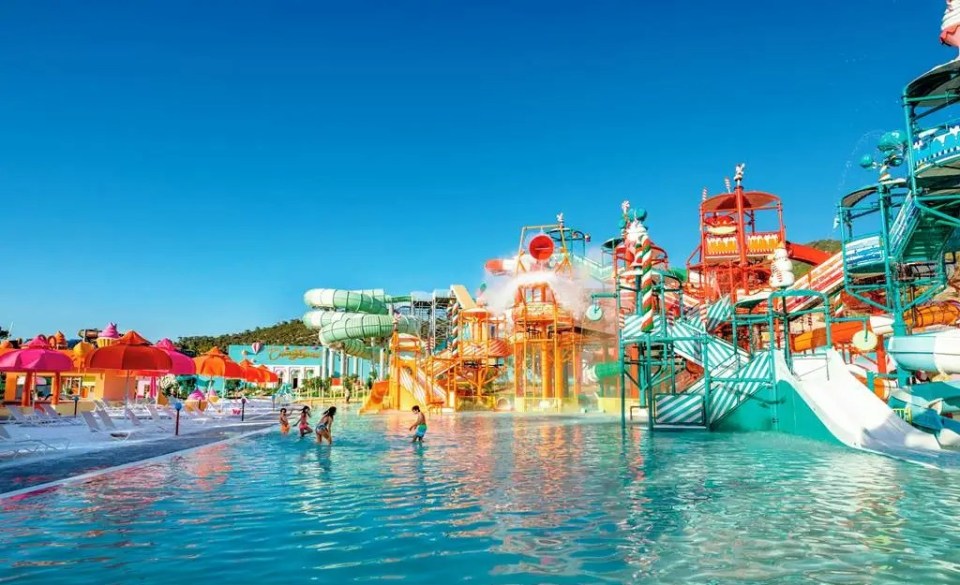 a water park with a lot of slides and umbrellas