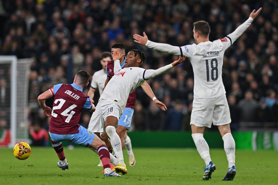 Tottenham's Giovani Lo Celso reacts as Burnley midfielder Josh Cullen challenges during Friday night's FA Cup match