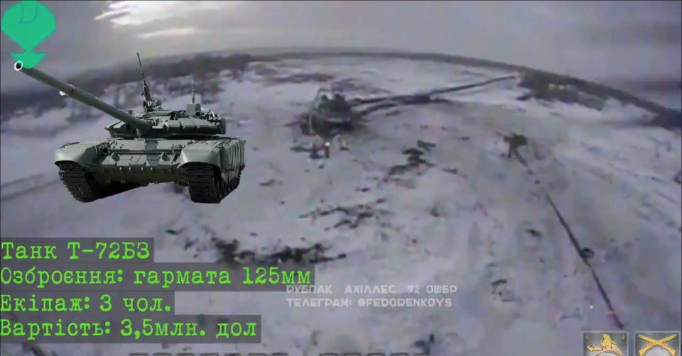 Footage captured on board the drone shows the moment a Russian tank was destroyed