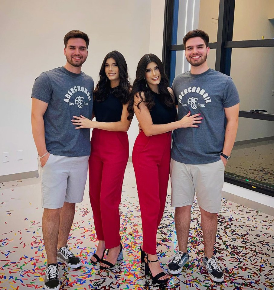 Larissa Lazzarin, 19, (left) poses with her boyfriend Lucas Orsato, (left) and her sister Leticia Camille (right) and her boyfriend Filipe Orsato, (right)