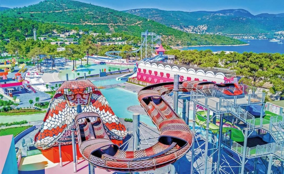 an aerial view of a water park with mountains in the background