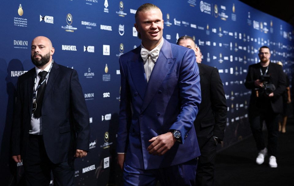 Erling Haaland wore a blue suit and white bowtie for the ceremony