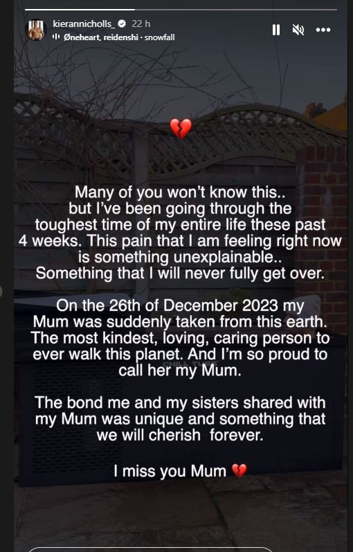 Love Island's Kieran shared the sad news that his mum passed away last month