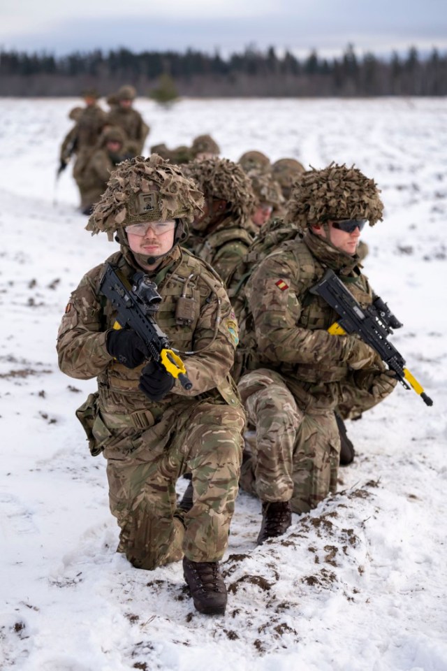 Soldiers from the King's Royal Hussars armoured regiment take part in Nato winter training 80 miles from the Russian border in February 2022