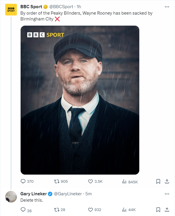 BBC Sport announced Wayne Rooney’s sacking with a strange Peaky Blinders post