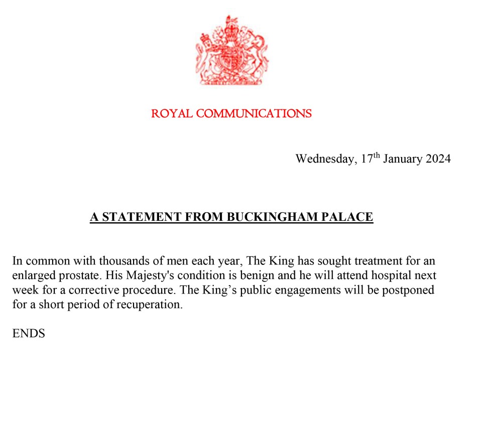 A statement from the Palace confirming Charles is seeking treatment for an enlarged prostate