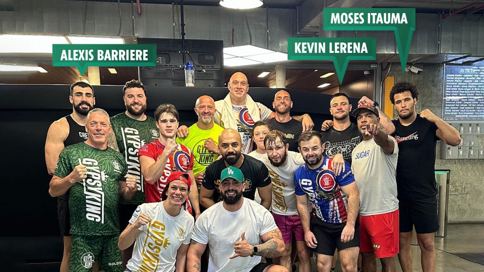 Undefeated Canadian Alexis Barriere, South Africa's Kevin Lerena and Brit prospect Moses Itauma are Fury's chief sparring partners. Fury's camp also includes his first amateur coach Steve Egan (green shirt front row), as well as current head trainer Sugarhill Steward (second row, second from last on right). Strength and conditioning coach Kristian Blacklock (second-row lime green shirt) and nutritionist Greg Marriott (on Fury's left) are also in Riyadh to whip The Gypsy King into fighting shape. Fury has also brought his massage therapist massage Matt Towey (behind the camera)  to keep him limber.Fury's cousin Issac Lowe (second row fourth from last) has also made the trip out to Riyadh, as well as featherweight prospect Joe McGuinness (second row second from last on right. Former WBC women's featherweight champ Jelena Mrdjenovich (front row on the left) is also part of camp Brother Shane (next to Barriere) is also in the Kingdom camp.