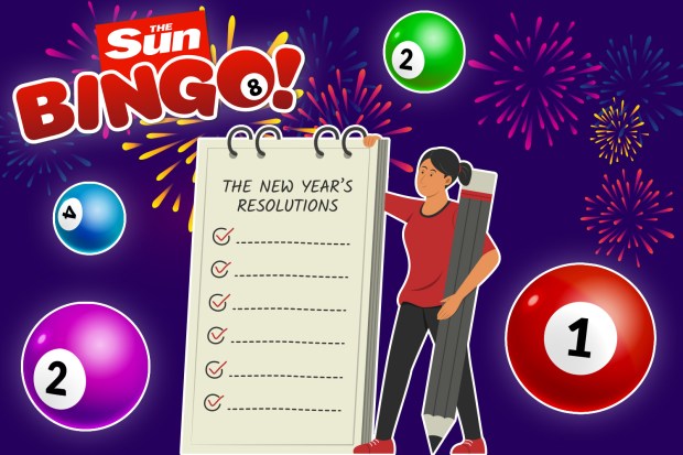 New Year's resolutions checklist with Sun Bingo branding and bingo balls.