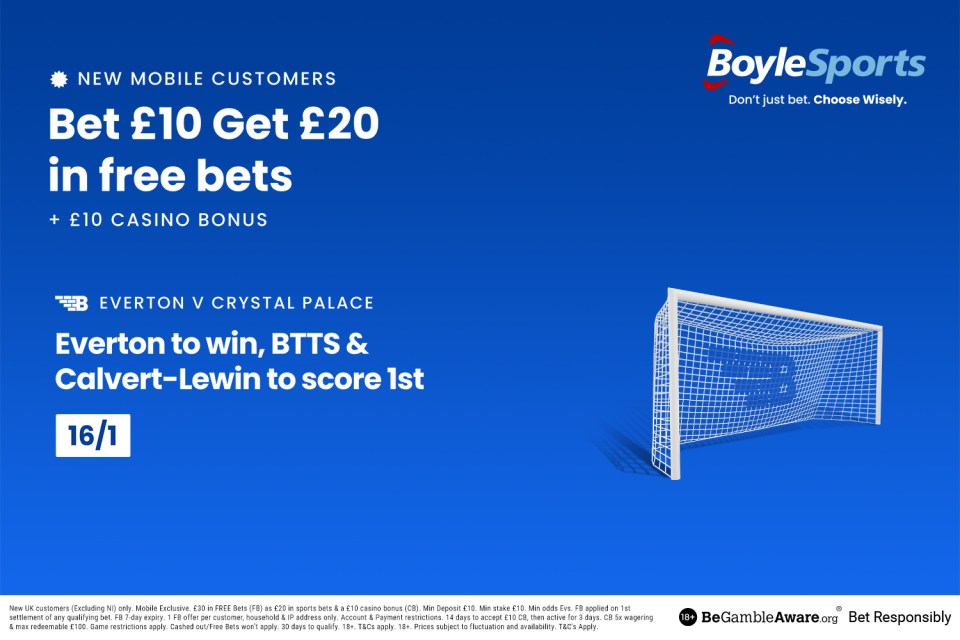 Everton vs Palace: Get £20 free bets and £10 casino bonus with BoyleSports