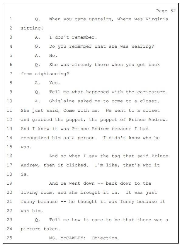 A section of Johanna Sjoberg's court deposition where she details the puppet incident