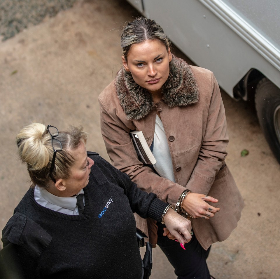 Alice Wood (right) arriving in handcuffs for her trial at Chester Crown Court