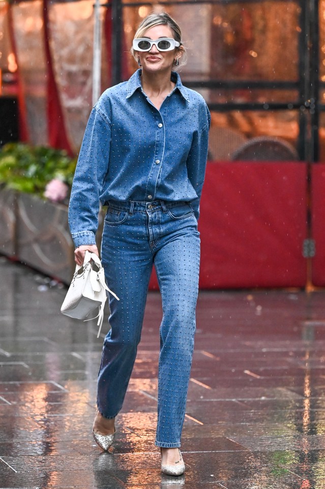 Ashley Roberts looked stylish in double denim as she walked through London’s Leicester Square