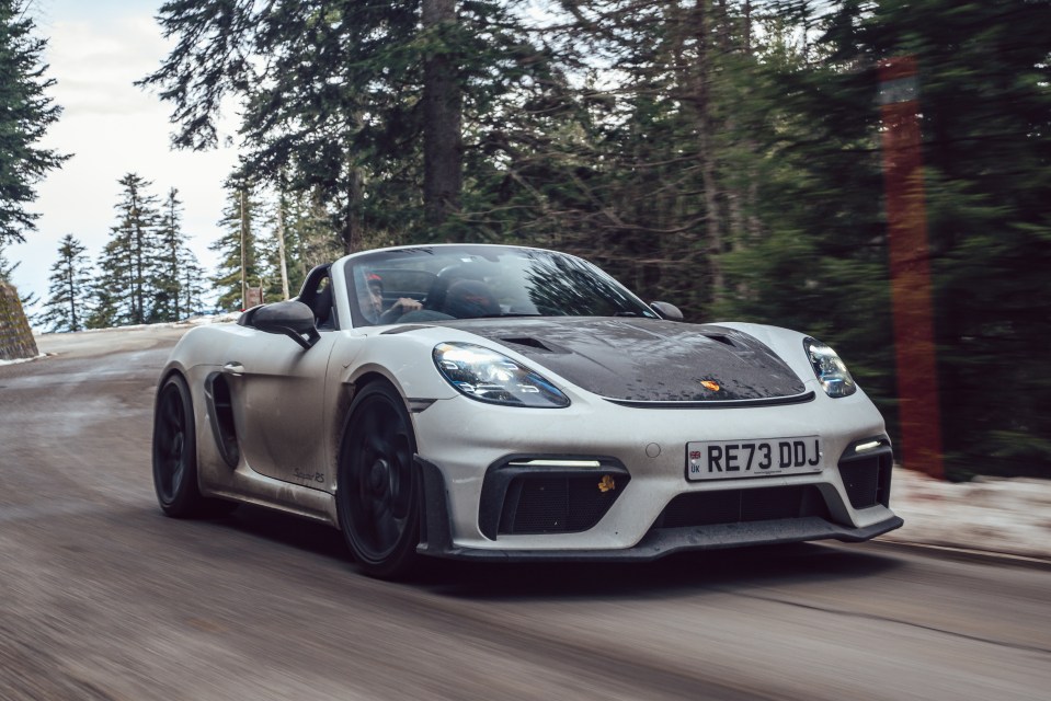 The noise from Porsche’s petrol 718 Spyder is phenomenal. It’s like having your own personal orchestra nestled behind your lugholes