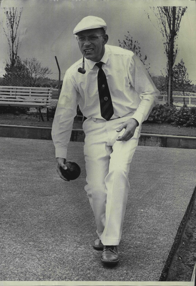 Black and white photo of David Bryant, World Champion, practicing bowls.