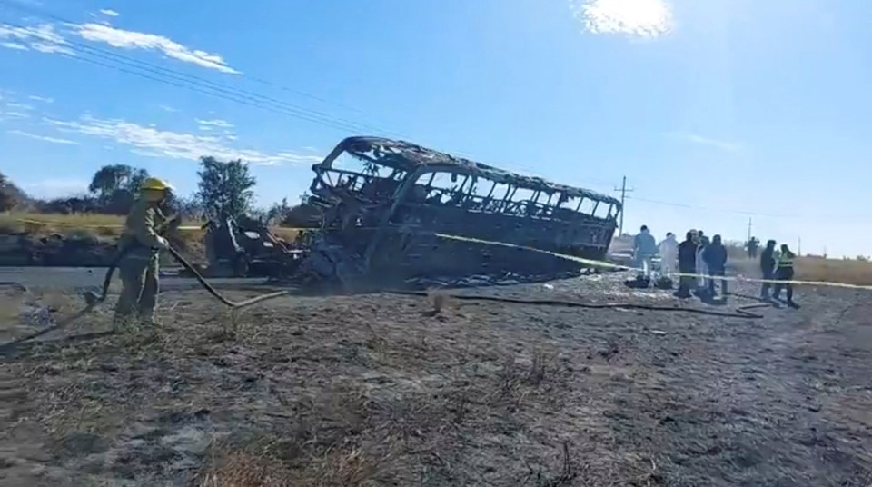 Firefighters and forensic experts work near the charred vehicle