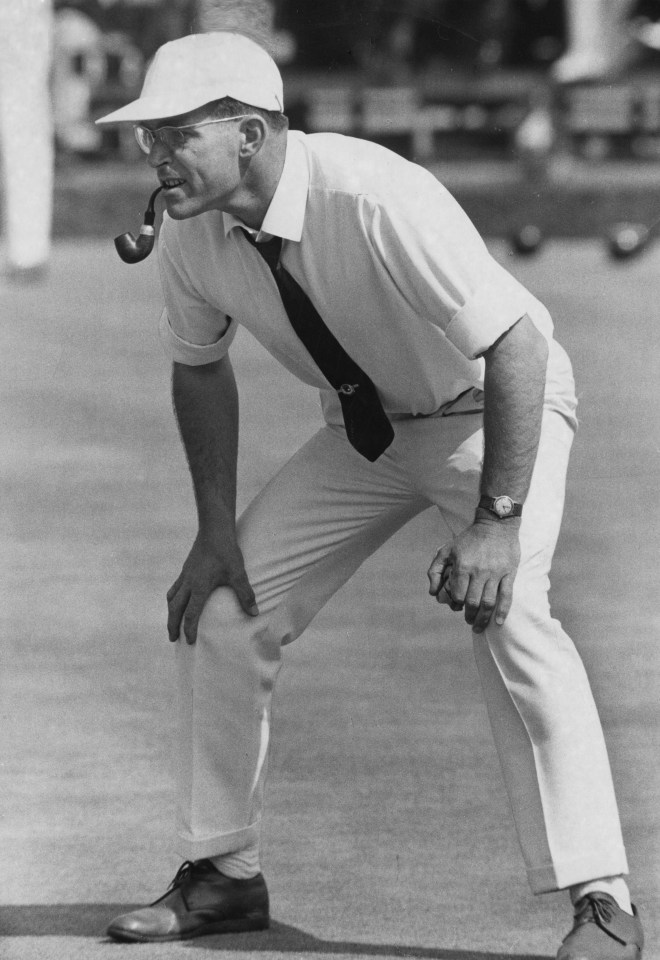 Black and white photo of David Bryant, former World singles bowls champion, during a match.