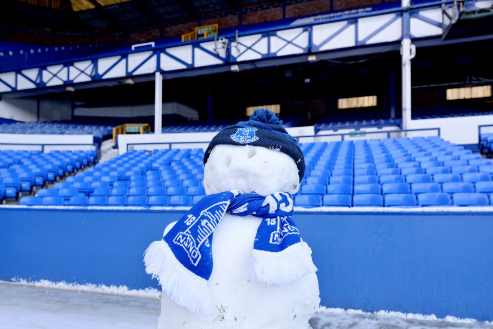 An Everton-supporting snowman has even been built next to the pitch