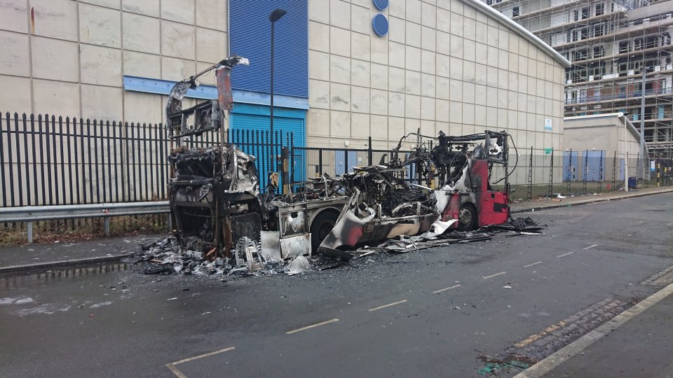 The charred shell of the bus