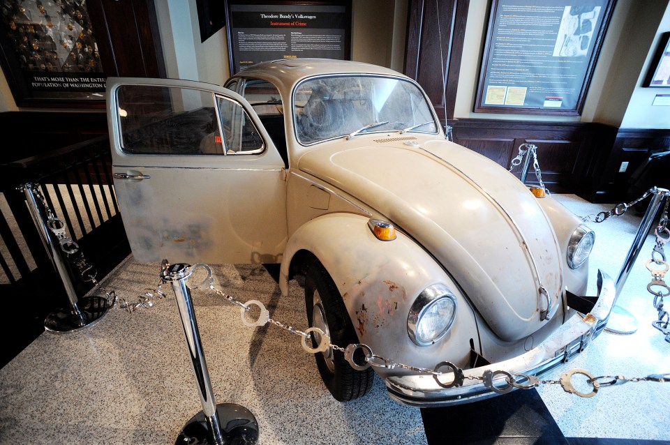 Ted BundyÕs VW Beetle on display at the National Crime and Punishment Museum on February 22, 2010 in Washington, DC. Bundy's beat up 1968 Volkswagen Beetle was integral to his serial murders. He used it both as a ruse to lure unsuspecting victims and a murder site. Photo by Olivier Douliery /ABACAUSA.COM