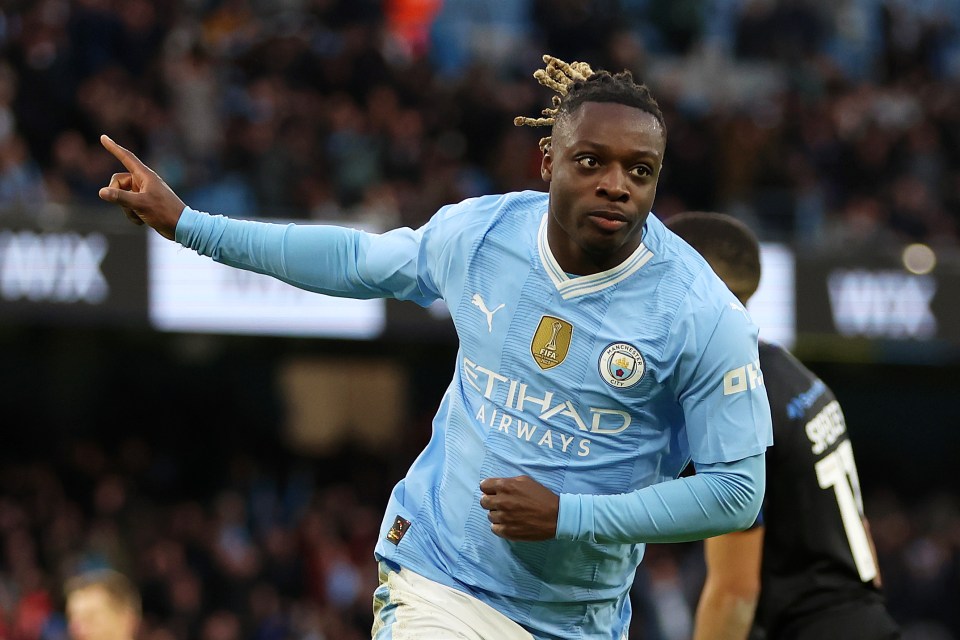 Jeremy Doku celebrates notching Man City’s fifth goal