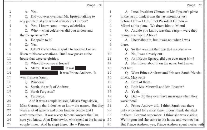 Testimony thought to be from Juan Alessi, Epstein’s former housekeeper, claims Andrew spent weeks at his Palm Beach home