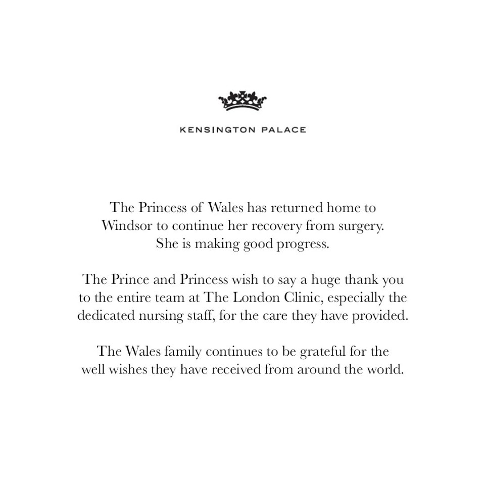 Kensington Palace's statement on Kate's hospital departure