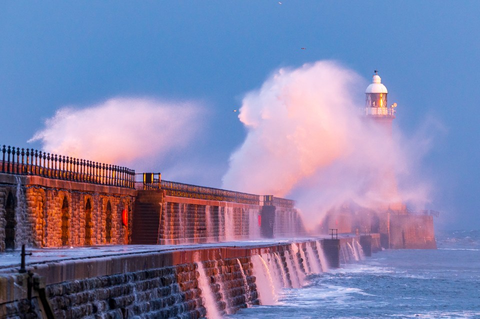 Tynemouth Pier was battered by large waves on Sunday evening