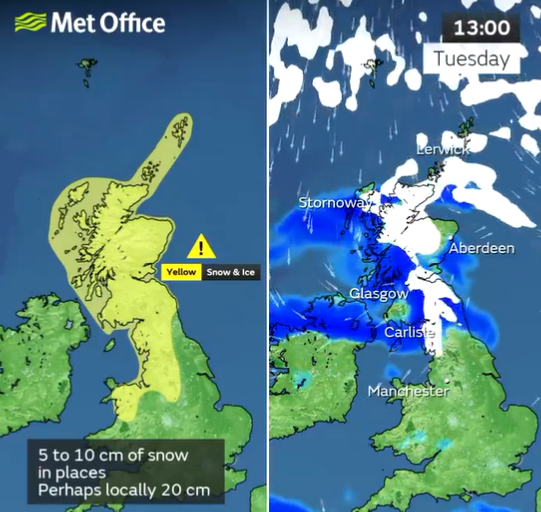 The Met Office warned of 20cm of snow in parts of the UK