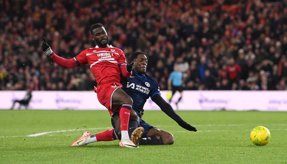 Axel Disasi slid in on Emmanuel Latte Lath in the opening minute at the Riverside