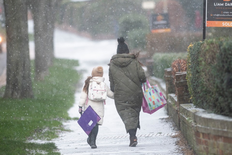 A mother and daughter face the elements on their walk to school today in Scarborough