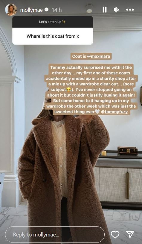 Molly revealed Tommy treated her to a £2.7k coat - after she accidentally gifted a similar one to a charity shop