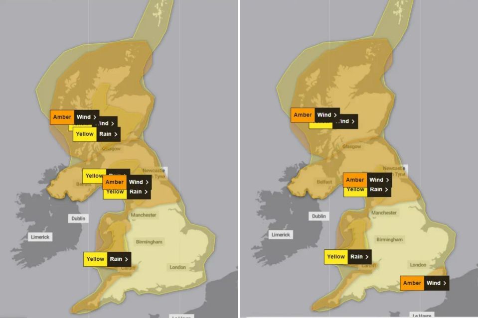 Amber warnings are in place across Sunday (left) and Monday (right)