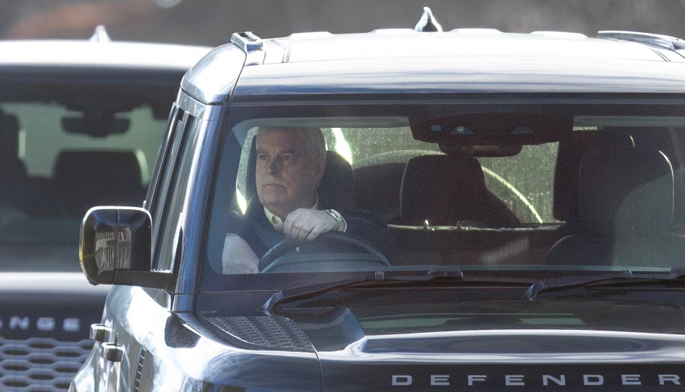 Prince Andrew left the Royal Lodge in his Land Rover Defender on Sunday to go on a dog walk