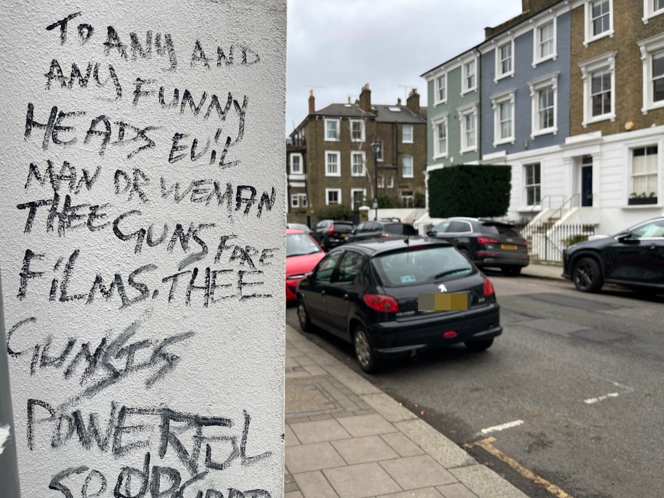 Shocking graffiti is in stark contrast to well-manicured million-pound homes just across the road