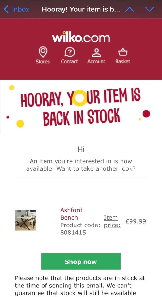 So she signed up for a stock alert on the Wilko website, and quickly ordered it when she was told it was back in stock