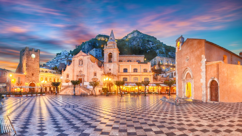 Belvedere of Taormina and San Giuseppe church on the square Piazza IX Aprile in Taormina. Sicily, Italy; Shutterstock ID 1410941030; purchase_order: -; job: -; client: -; other: -