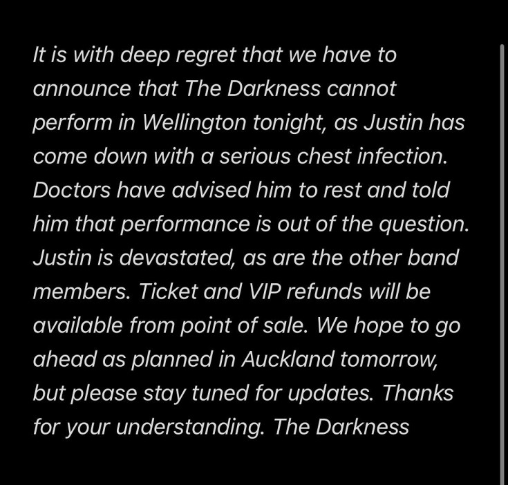 Huge noughties rock legends The Darkness  cancel gig with hours to spare after frontman is struck down with serious chest infection.

//www.instagram.com/p/C2imDdwMOTT/