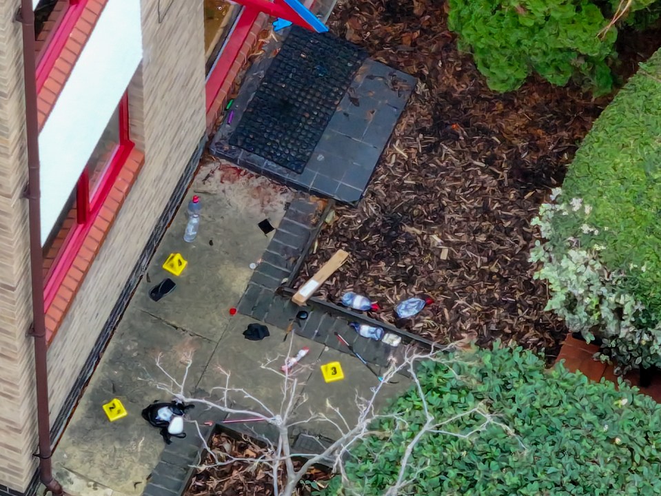 Weapons, including crossbow bolts, and a gas mask scattered the road today